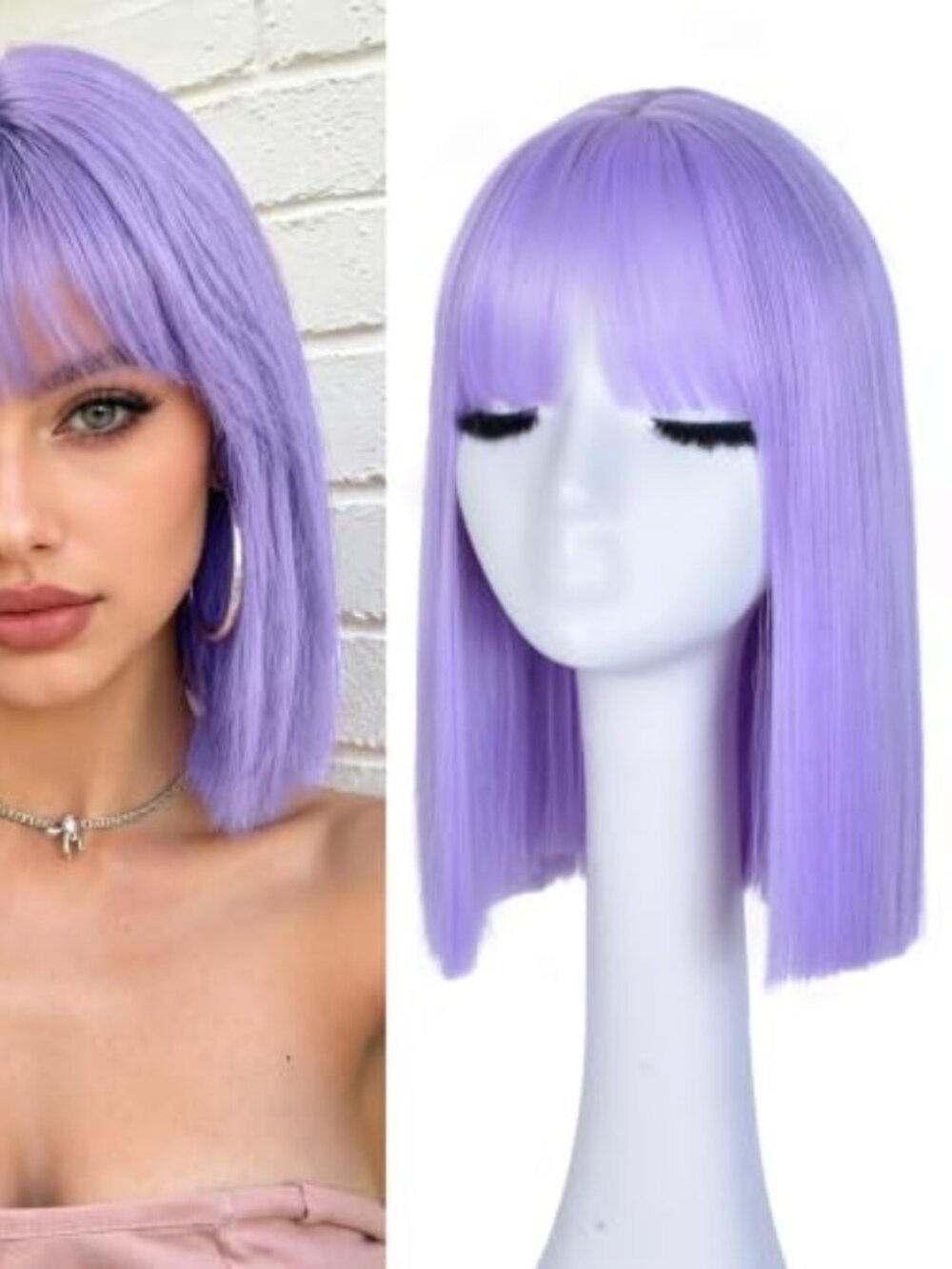 Bob Wig with Bangs Straight Wigs for Women Purple Bob Colorful Wig